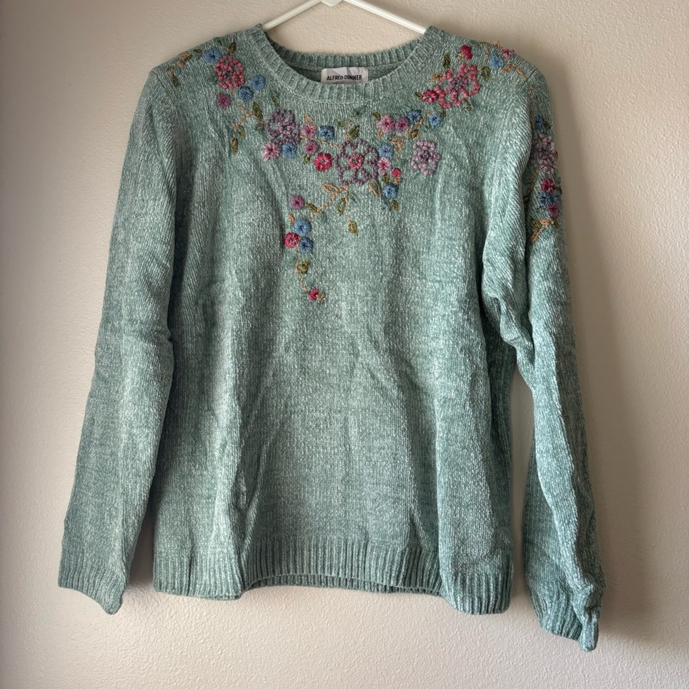Alfred Dunner Vintage 90s Pastel Green Sweater Floral Embroidery Womens Small